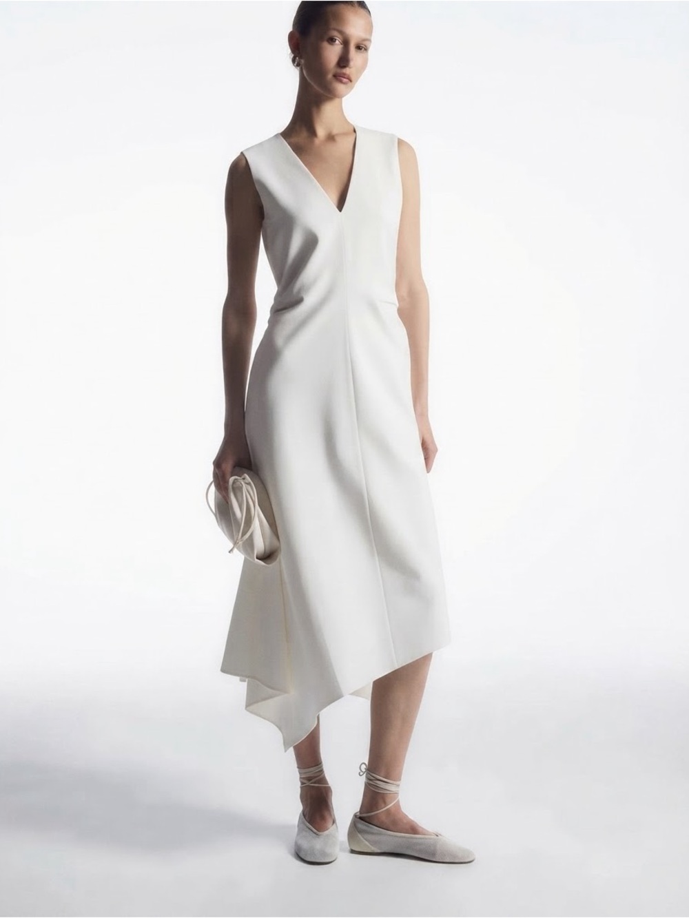 COS Womens M Ivory Asymmetric Midi Dress Ruched Draped V Neck NWT